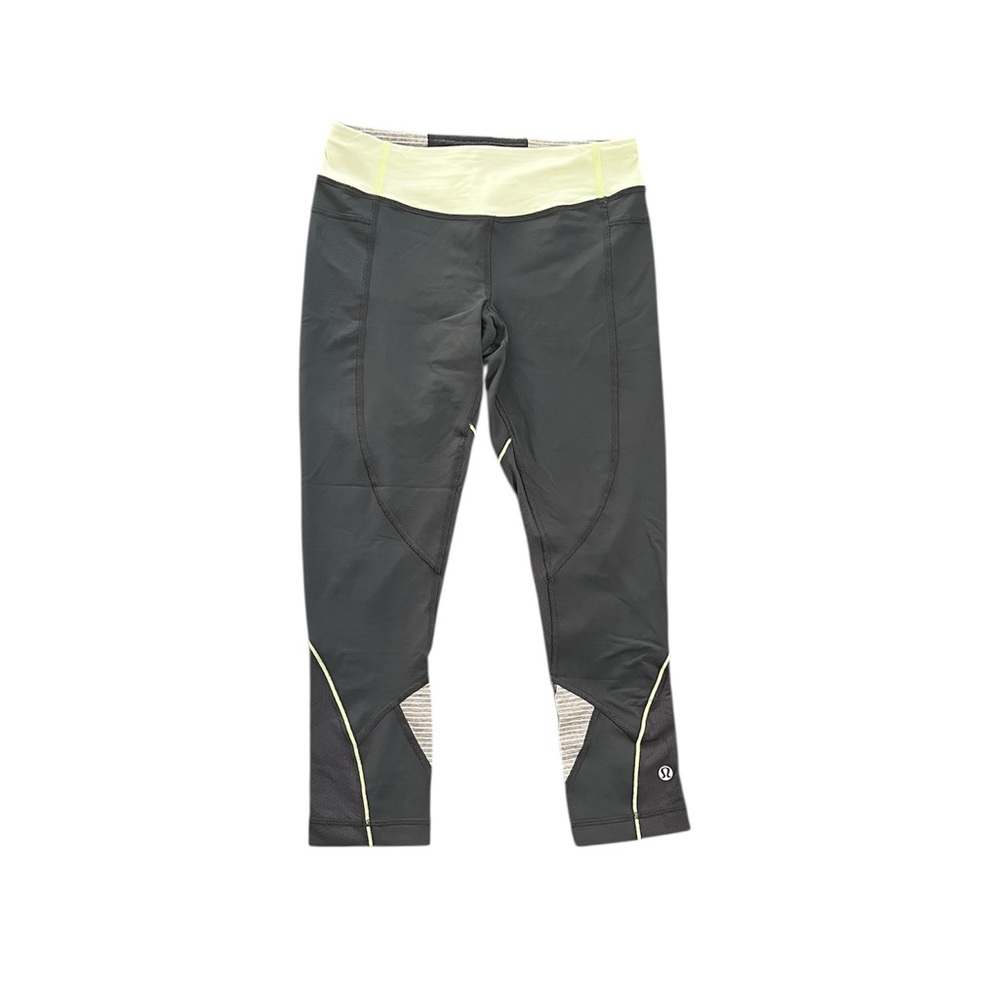 Lululemon 20” Run Empower Dark Gray & Yellow Athletic Cropped Leggings Size 4